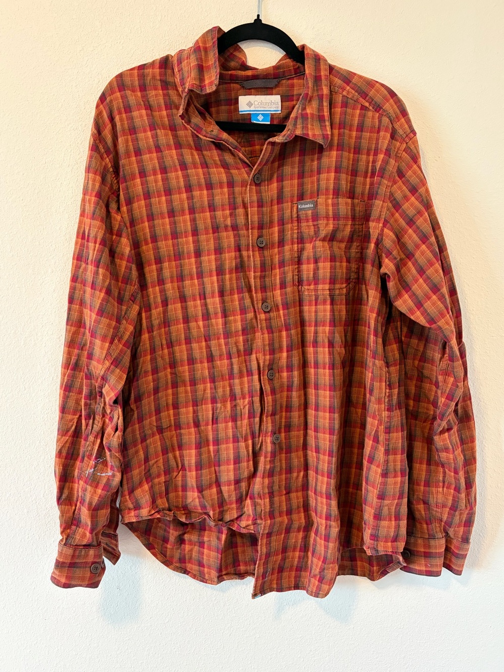 Columbia Vapor Ridge III Red Orange Plaid Long Sleeve Button Up Shirt Men's L